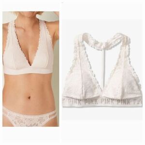 Victoria's Secret Pink Lace T-Strap Logo Bralette in Ivory Size Small
